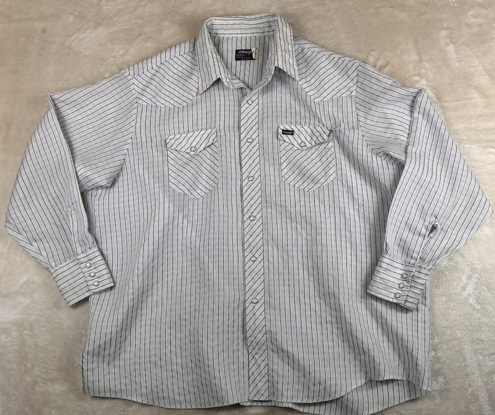 Vintage Wrangler Western Shirt Mens 2X Big Man White Blue Stripe Pearl Snap